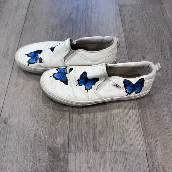 Blue Butterfly White Slip On Vans - Custom Painted Vans Shoes Youth Size 5 - Picture 2 of 9